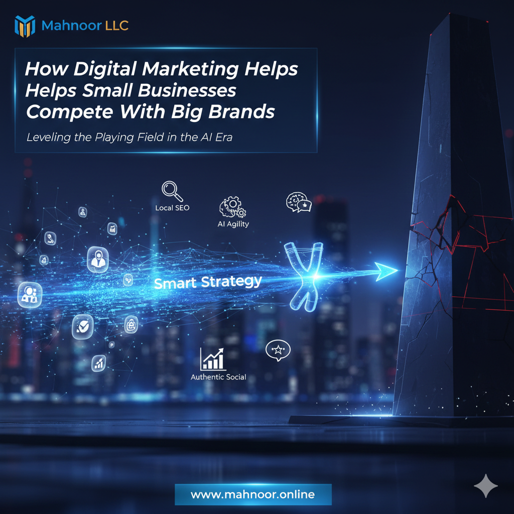 Infographic showing a small business using digital marketing to compete with a large corporation - Mahnoor LLC