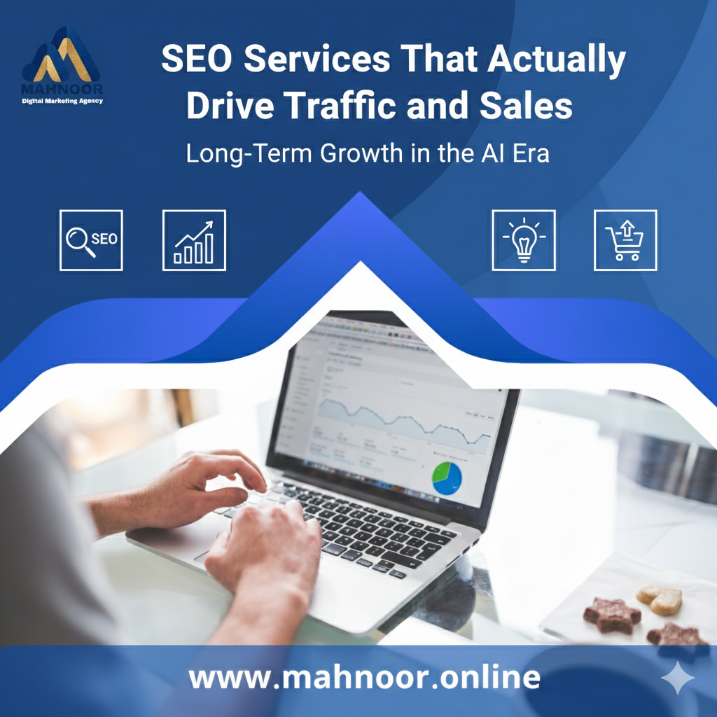 Professional SEO services dashboard showing traffic growth for Mahnoor LLC clients