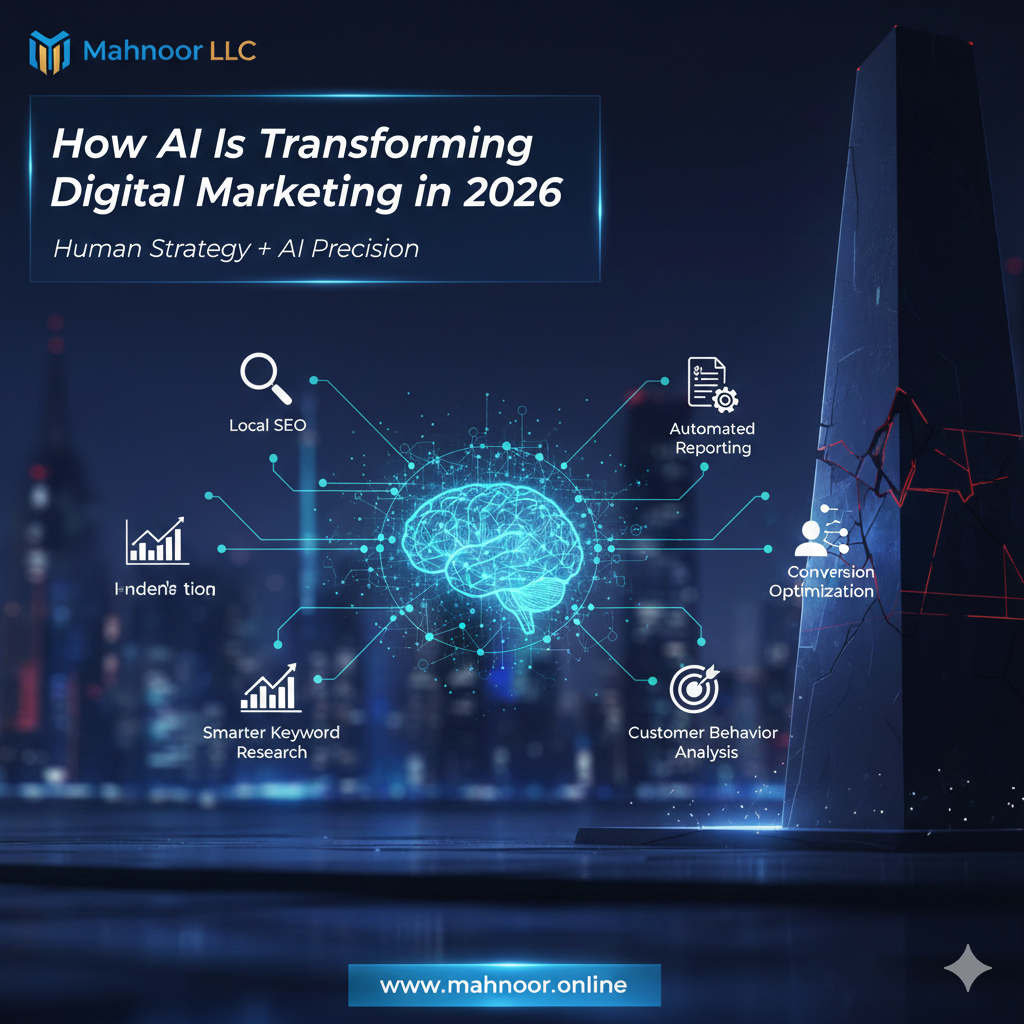 Conceptual diagram of AI brain integrating with digital marketing channels for Mahnoor LLC
